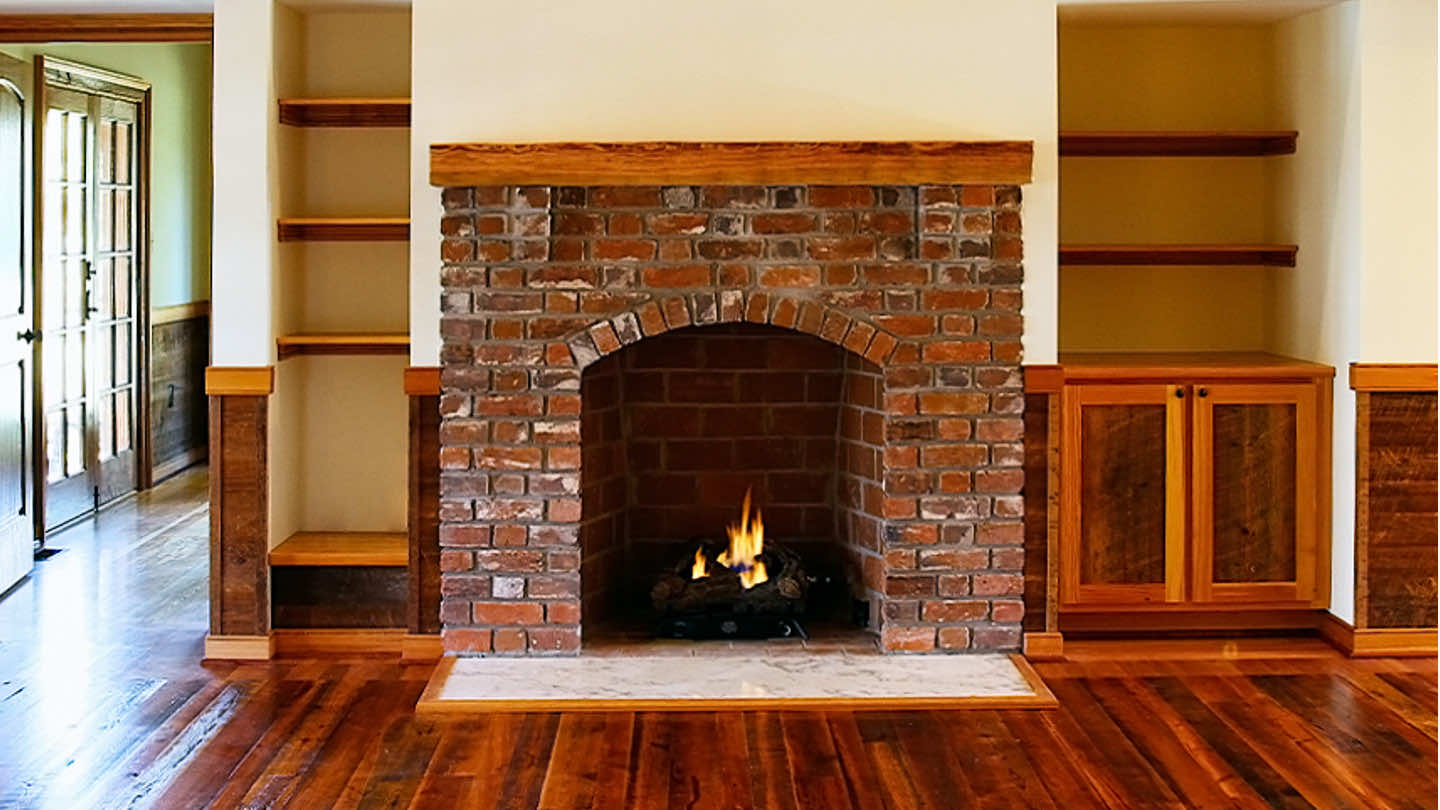 Rustic Fireplace Mantel in Living Room E. T. Moore